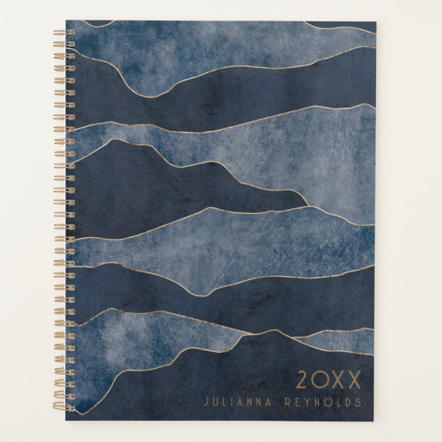 Agenda Montañas azules de Moda simple con acentos dorados (Anverso)