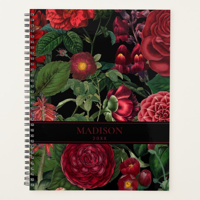 Agenda Moody Florals Monograma negro y borgoña (Anverso)