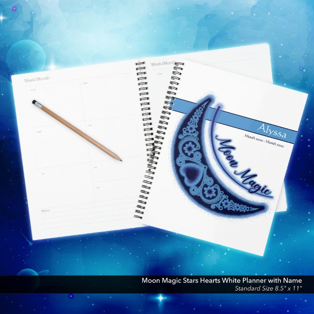 Agenda Moon Magic Stars Corazón Nombre de Amor Celestial (Moon Magic/Celestial Love Stars and Hearts White Planner with Your Name.)
