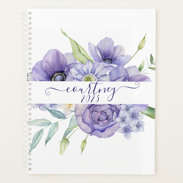 Agenda Morado acuarela floral personalizado, año personal (Anverso)