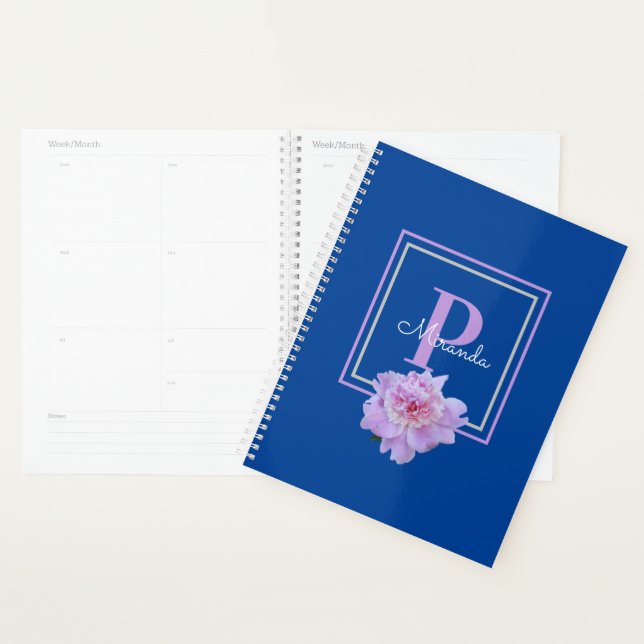 Agenda Morado Monograma Rosa Peony Flor azul (Demostración)