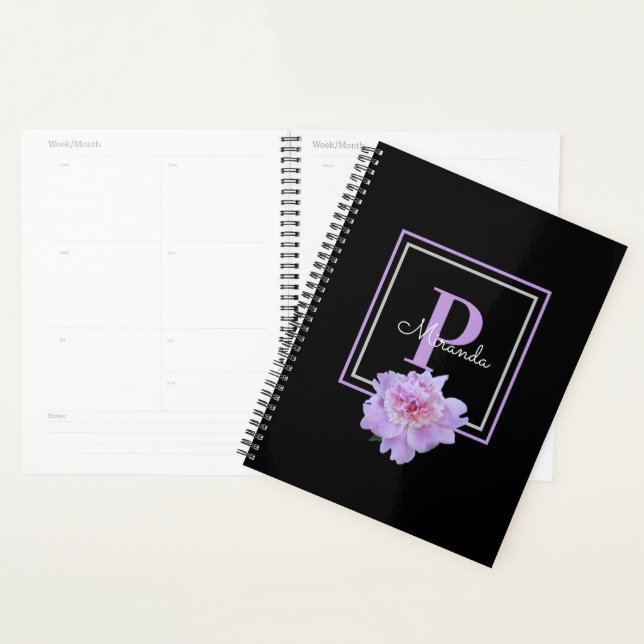 Agenda Morado Monograma Rosa Peony Flor Negro (Demostración)
