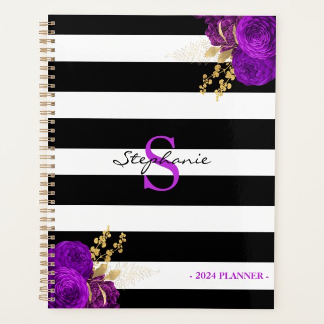Agenda Morado Oro Floral Monograma Bandas negras 2024 (Anverso)