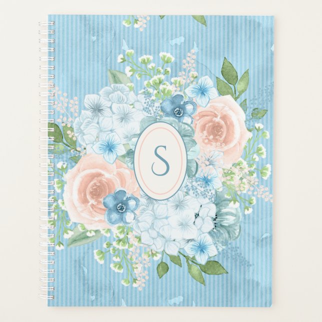 Agenda Moraleja floral de monograma rosa azul rustico Chi (Anverso)