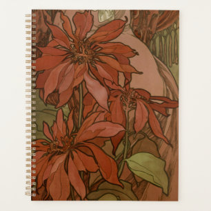 Agenda Mucho Patrón Floral de Poinsettia Roja Art Nouveau