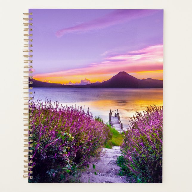 Agenda muelle de madera marrón entre el campo de flores d (Anverso)