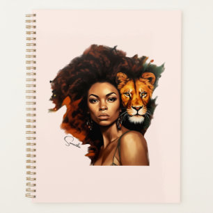 Agenda Mujer afroamericana con león majestuoso
