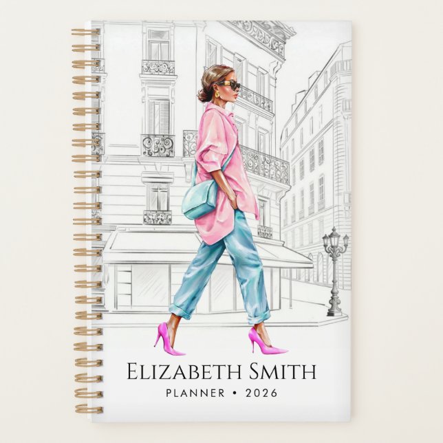 Agenda Mujer de moda bonita planificadora caminando (Anverso)