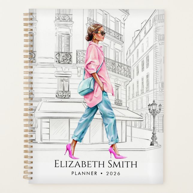 Agenda Mujer de moda bonita planificadora caminando (Anverso)
