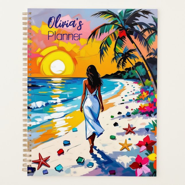 Agenda Mujer en escena tropical de playa Personalizada (Anverso)