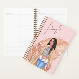Agenda Mujer Fashionista Rosa Dorado Plumoso Femenina
