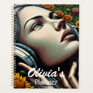 Agenda Mujer hermosa con audífonos en girasoles