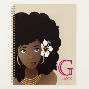Agenda Mujer negra, flor en el pelo, inicial
