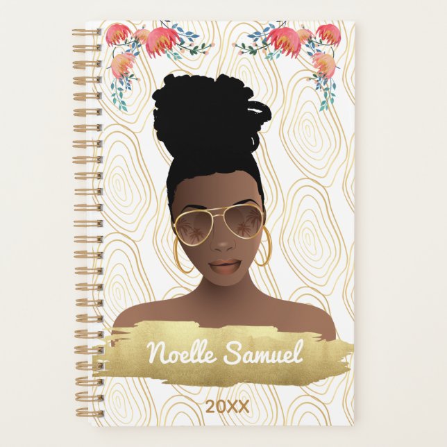 Agenda Mujer negra, formas de oro de flores extravagantes (Anverso)