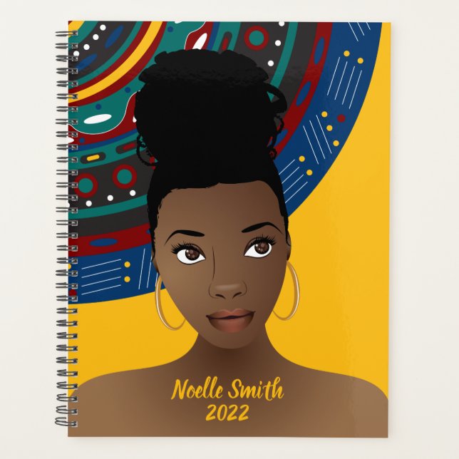 Agenda Mujer negra, inspirada en tribus, azul y oro (Anverso)