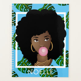 Agenda Mujer Negra, Popping Bubble Gum Leaf Pattern Blue