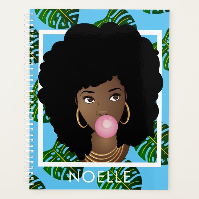 Agenda Mujer Negra, Popping Bubble Gum Leaf Pattern Blue (Anverso)