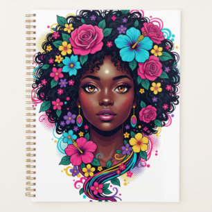 Agenda Mujer negra profunda con afro adornado con flores 