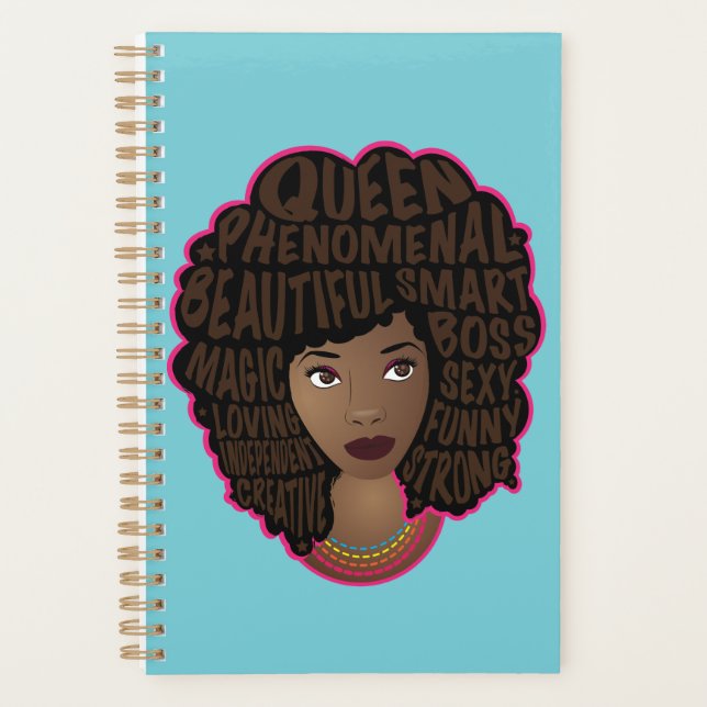 Agenda Mujeres motivadoras negras, pelo natural, azul (Anverso)