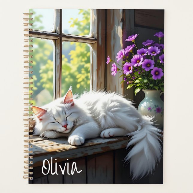 Agenda Napping White Cat and Purple Flowers Personalized (Anverso)
