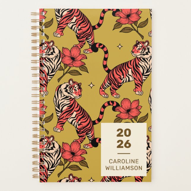 Agenda Naranja amarillo Tigre Floral Gran Gato Personaliz (Anverso)