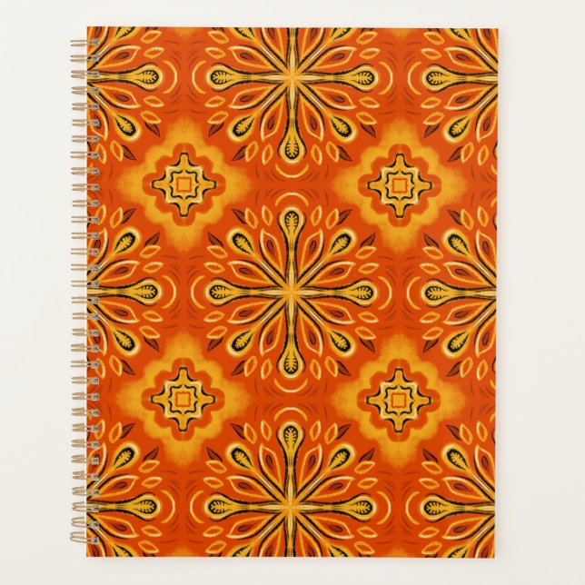 Agenda Naranja Boho Resumen Patrón de flores Decorativo (Anverso)