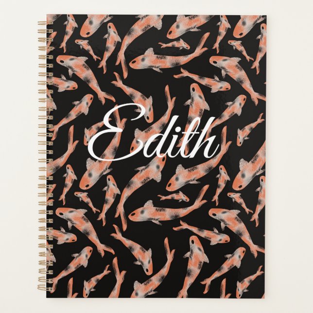 Agenda Naranja de acuarela Koi Fish Black Personalizado (Anverso)