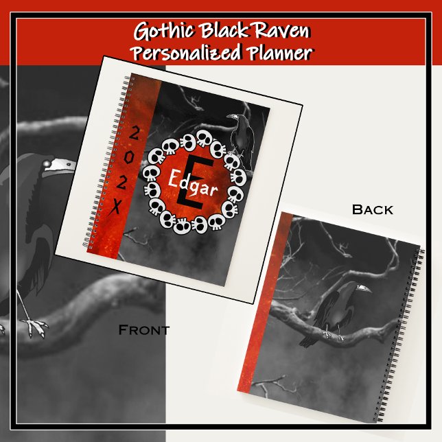 Agenda Naranja de la Luna de Raven Negro Gótico Raven Sku (For fans of the dark and dreary. Personalized, monogrammed notebook with a foggy night background.)