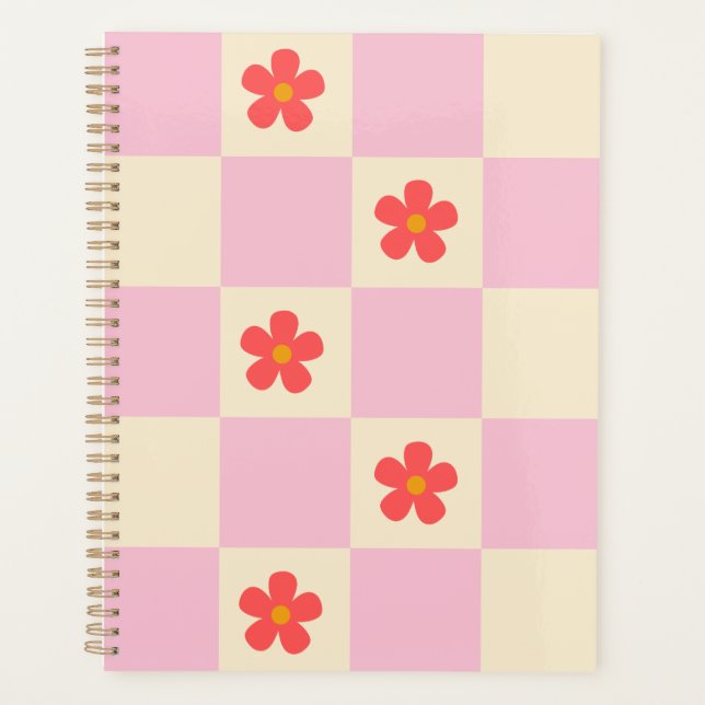 Agenda Naranja Groovy Daisy Flowers & Bonito Pink Checker (Anverso)