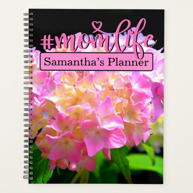 Agenda Naranja morado rosado hidrangeas #momlife (Anverso)
