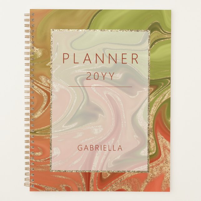 Agenda Naranja quemado moderno Resumen verde y oro (Anverso)