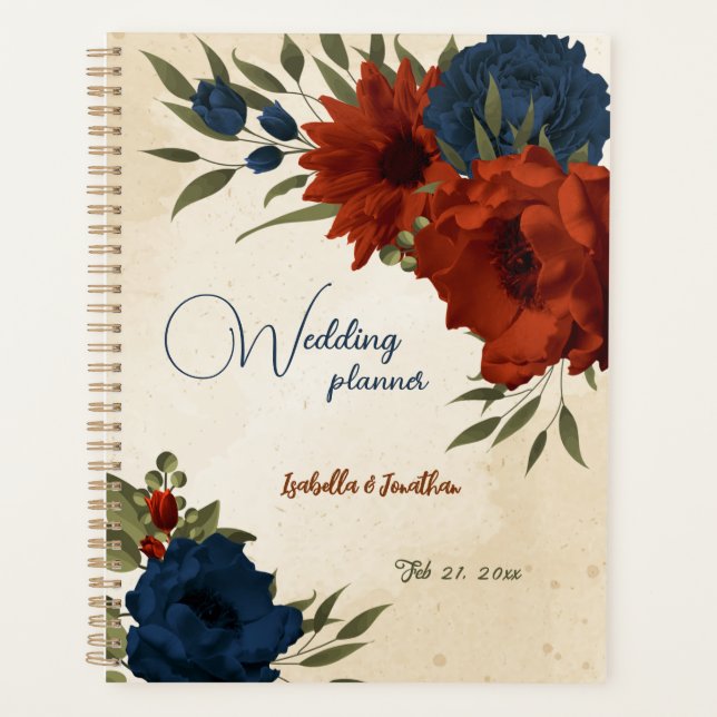 Agenda naranja quemado y boda floral azul marino (Anverso)