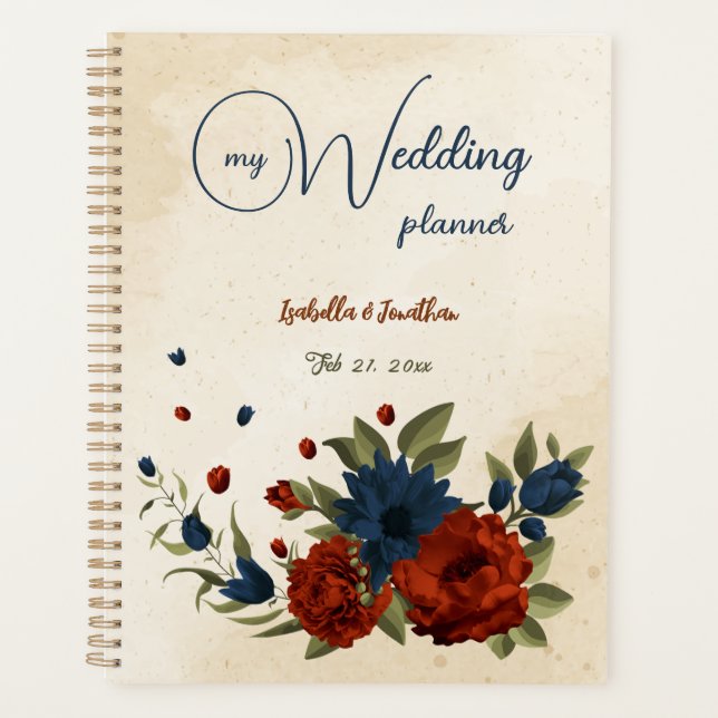Agenda naranja quemado y boda floral azul marino (Anverso)