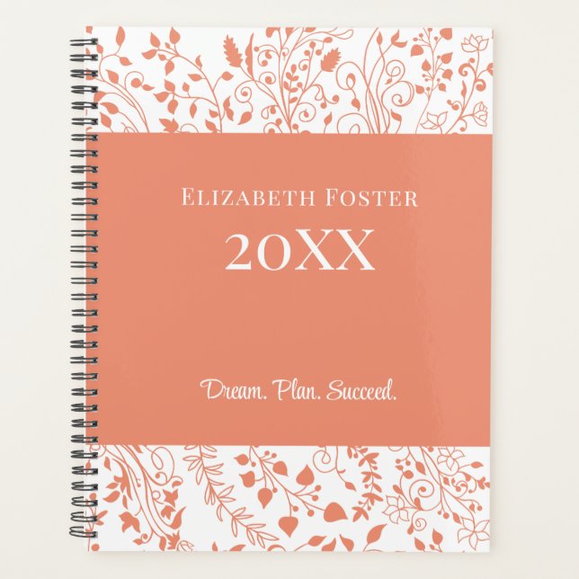 Agenda Naranja quemado y Personalizado floral blanco plan (Anverso)