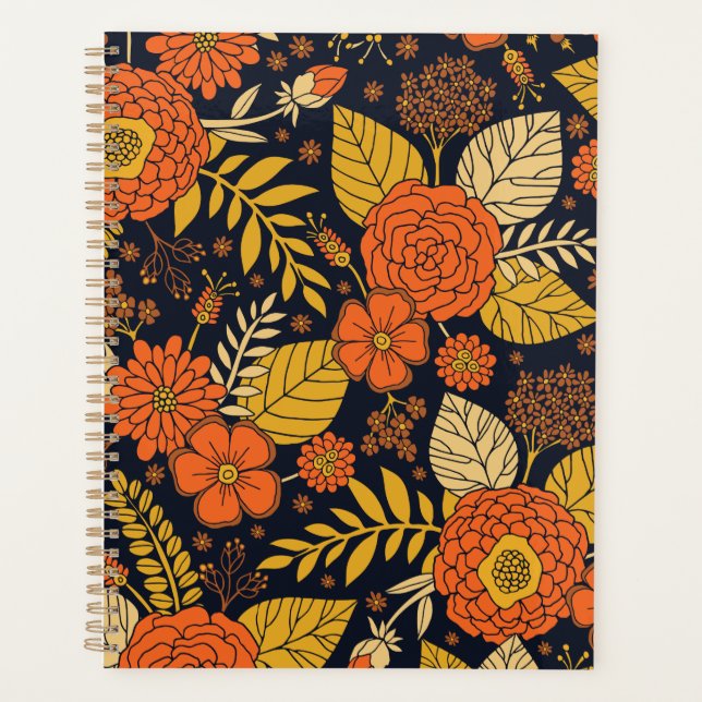 Agenda Naranja retro, floral amarilla y marina (Anverso)