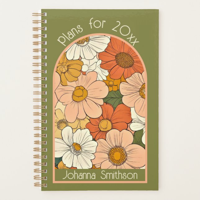 Agenda Naranja Retro Verde Groove Floral Small Planner (Anverso)