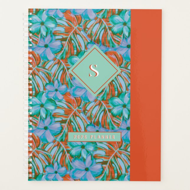 Agenda Naranja retro y flores azules (Anverso)