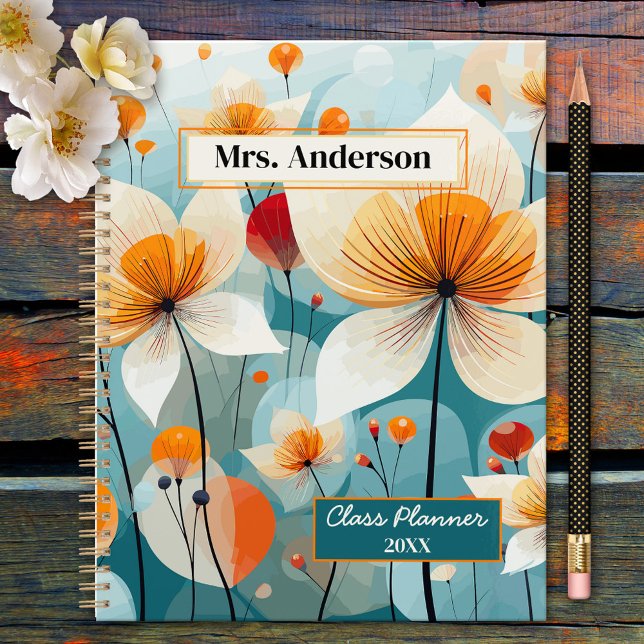 Agenda Naranja verde azulado profesor de Flores Silvestre (Elegant planner featuring a teal orange wildflower illustration. Beautiful for a teacher or other)
