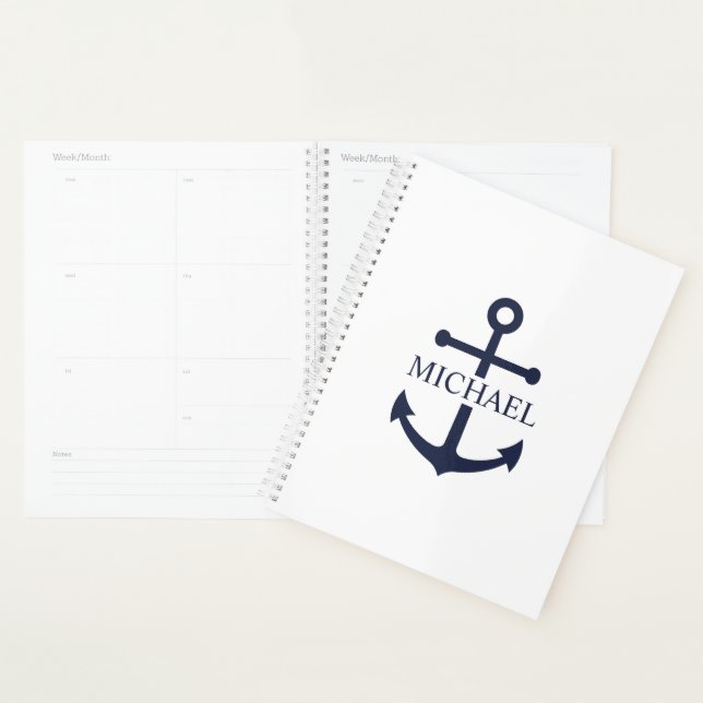 Agenda Nautical Navy Blue Anchor Nombre Personalizado (Demostración)