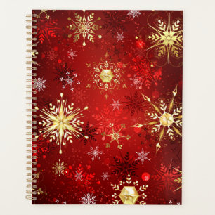 Agenda Navidades Copos de nieve dorados con fondo rojo