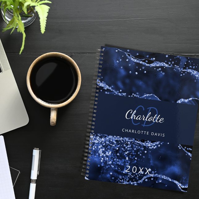 Agenda Navy blue agate marble glitter monogram 2023 (Subido por el creador)