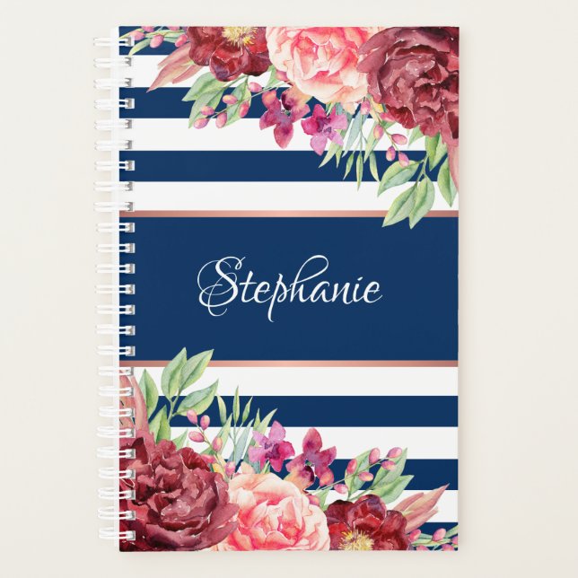 Agenda Navy Burgundy Stripes Monograma Floral (Anverso)