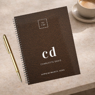 Agenda Negocio de logotipos de monogramas de cuero marrón