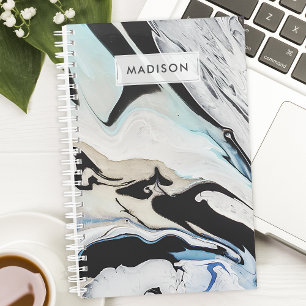 Agenda Negro Azul Moderno Mármol Tinta Líquida Personaliz