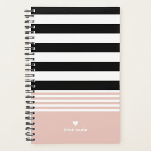 Agenda Negro, blanco y rosado rayado personalizado