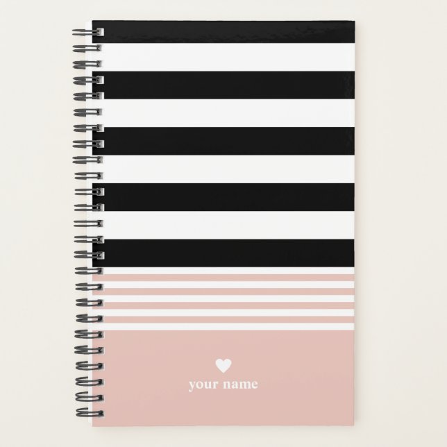 Agenda Negro, blanco y rosado rayado personalizado (Anverso)