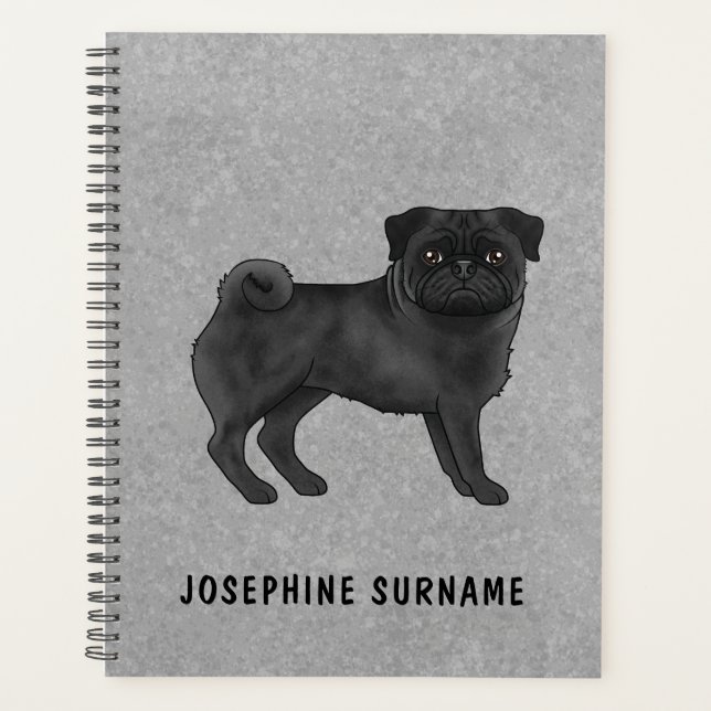Agenda Negro Pug Dog Cute Personalizado Mops Gris Ilustra (Anverso)