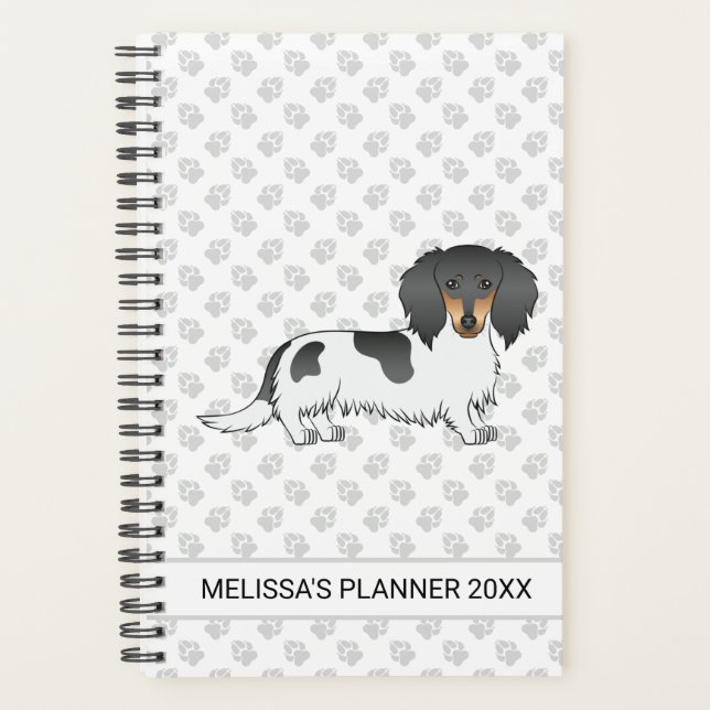 Agenda Negro Y Tan Piebald Larga Cabello Dachshund Y Text (Anverso)