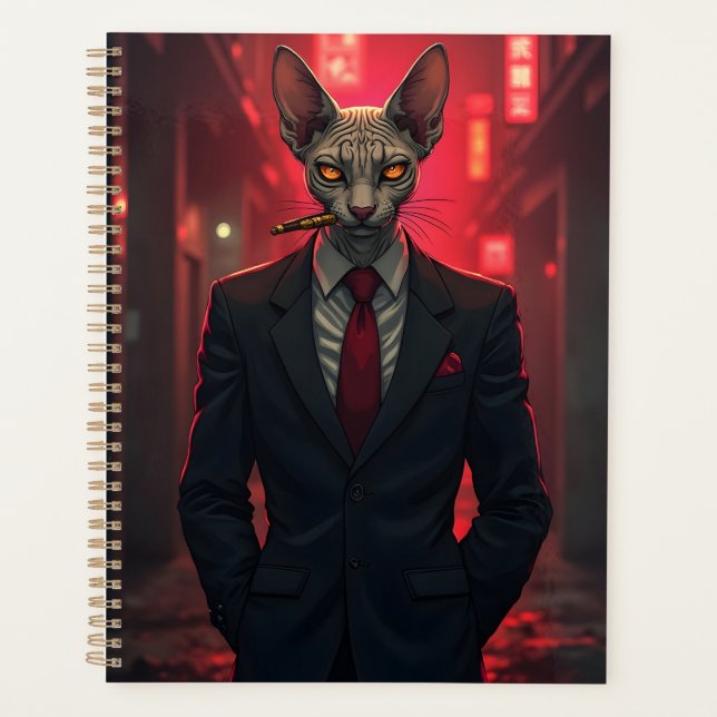 Agenda Neon Noir Sphynx Cat in Mafia Style (Anverso)