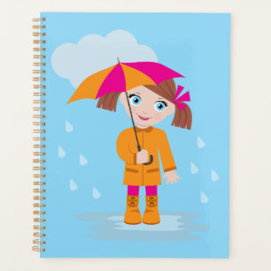 Agenda Niña con Impermeable Naranja y Paraguas Rosa